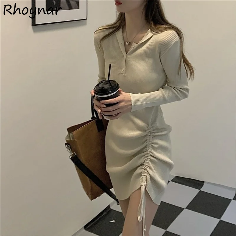 

Dresses Women Sexy V-neck A-line Cozy Students Party Korean Style Femme Tender Sweet Clothes Autumn Casual Holiday Draw String