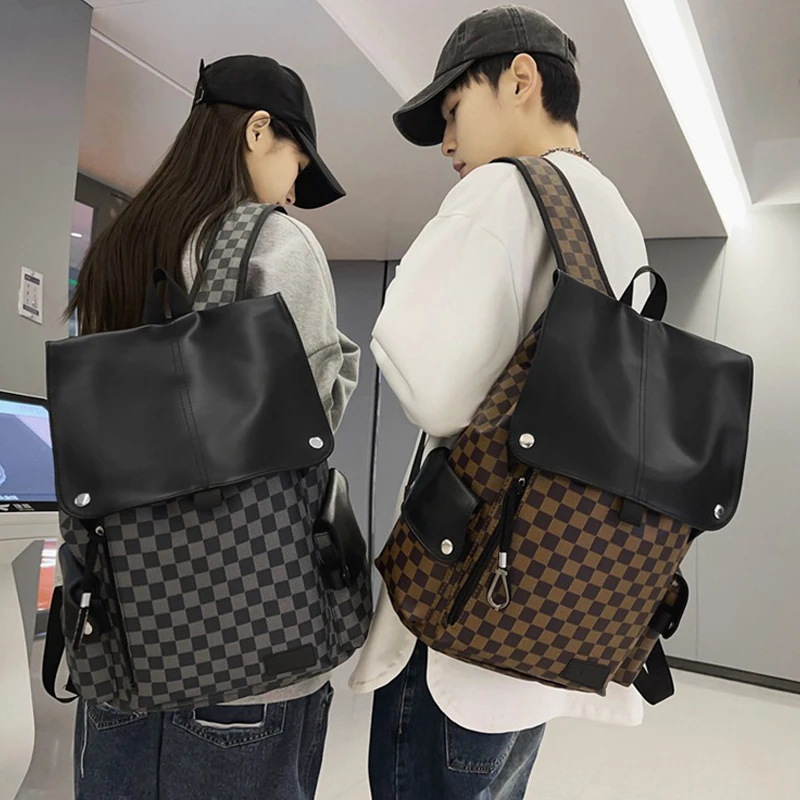 2023 Fashion Waterproof Backpack Luxury Designer Plaid Patchwork Men's Travel Bag Soft PU Leather Backpack Women's School Bag