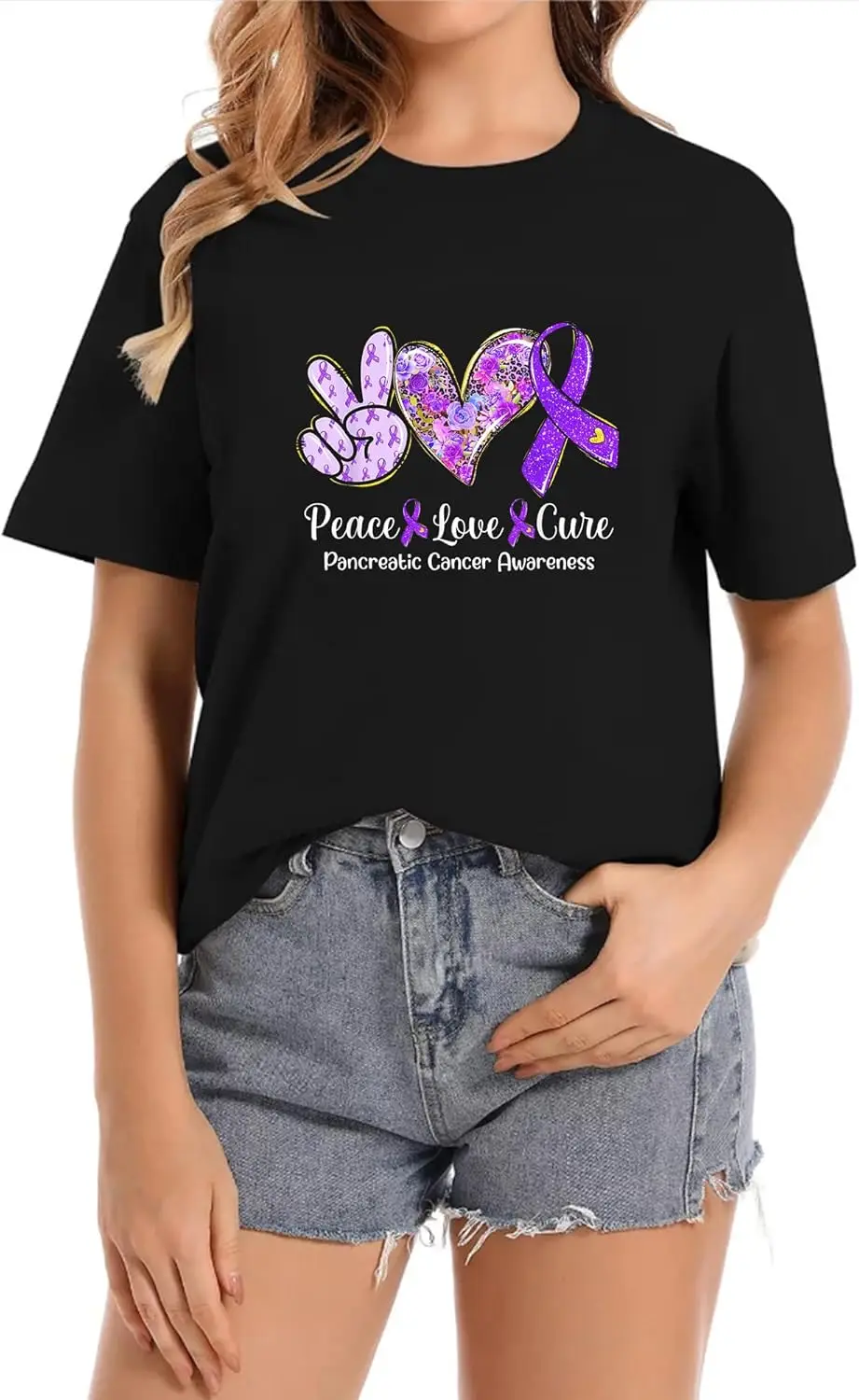 Peace Love Cure Фиолетовая повседневная летняя футболка с круглым вырезом и коротким