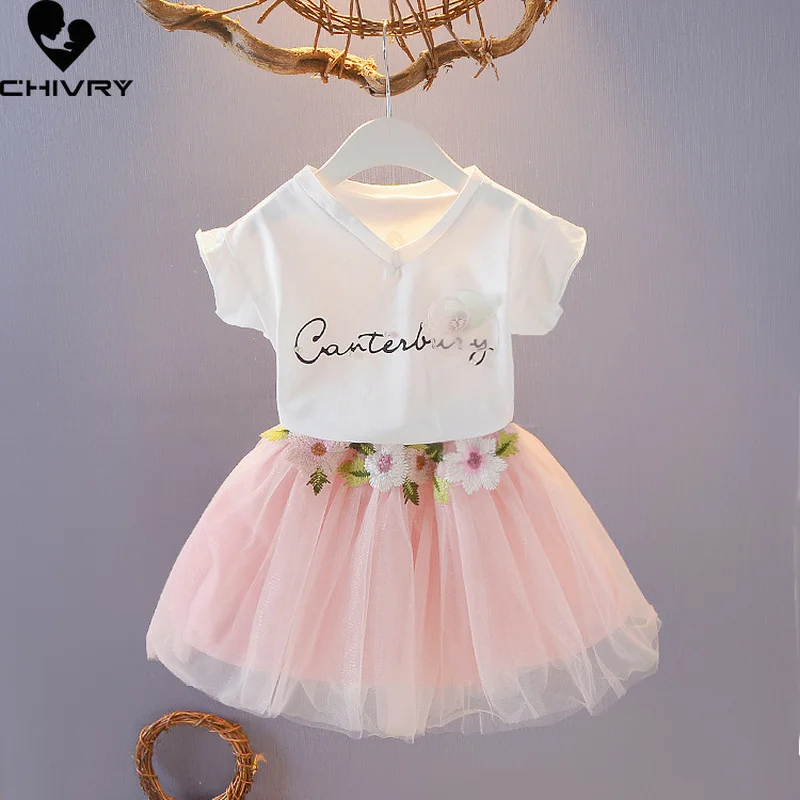 

Two-piece Girls Clothing Sets Summer 2022 Kids Baby Girl Short Sleeve V-neck Flower T-shirts Tops with Ball Gown Skirt