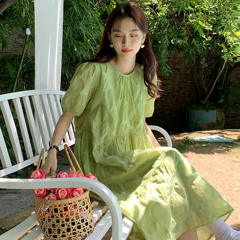 

Korean Chic Summer Sweet Japanese Women Dresses Vintage Elegant O Neck Short Sleeve Dress 2022 New Green Vestidos Femme