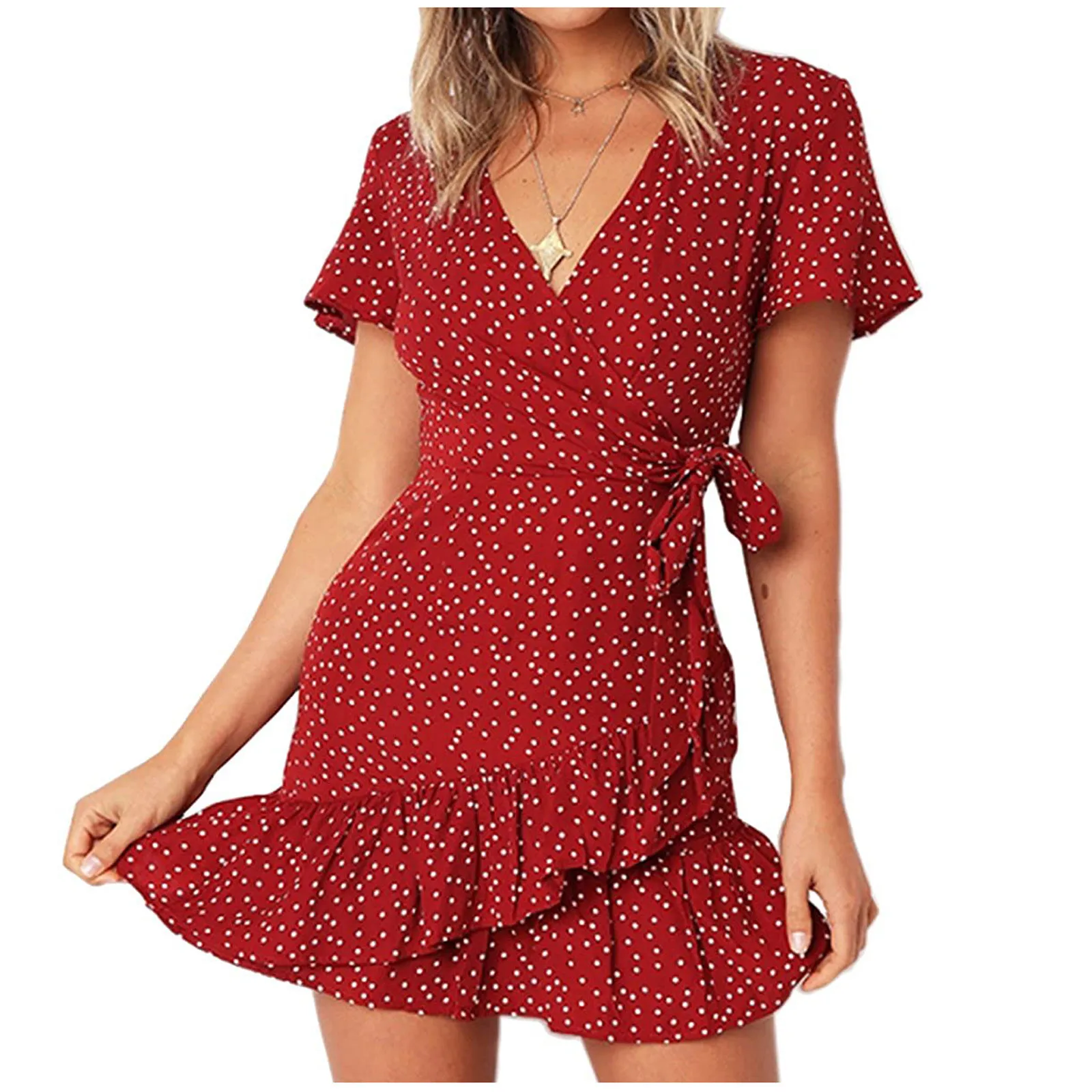 

Summer Women’s Floal A-Line Dress Sweet Elegant Floral Ruffles V-neck Bandage Short Dress for Lady Chic Flowers Mini Dress