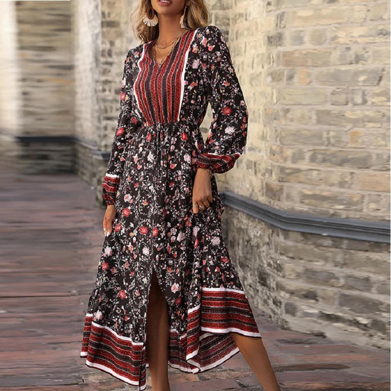 

Женское модное элегантное платье с цветочным принтом для осени с V-образным вырезом на шнуровке с высокой талией в богемном стиле с пышными ...