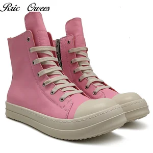 Imported Rric Owees  Brand Rick High Top Board Shoes Owens Sneakers Mens Pink Leather CasualShoes Men's Sneak