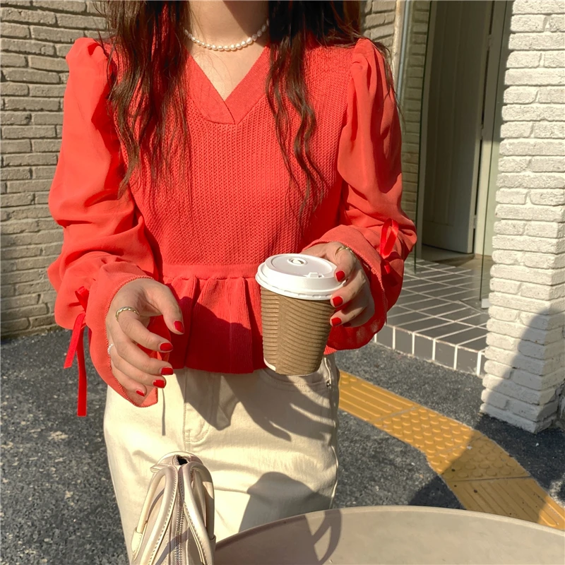 

Women's White Long Sleeve Pullover Sweater Patch Chiffon Sleeve Bow Knit Elegant Autumn Tops Female Sweater Lady Leisure Jumper