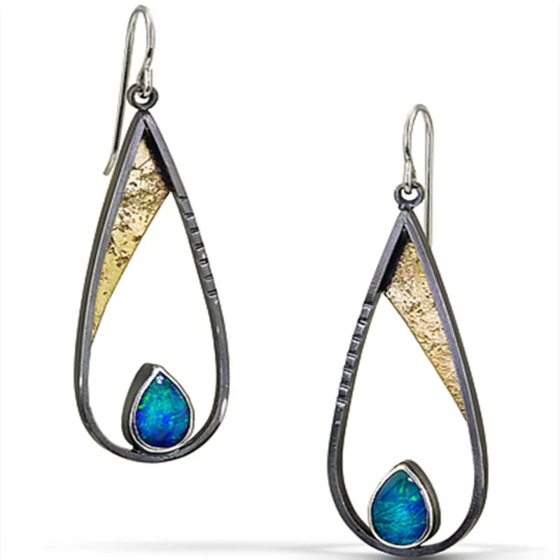 

Simple Waterdrop Metal Plating Black Gold Color Two Tone Earrings Fashion Blue Opal Dangle Earrings Women's Jewelry