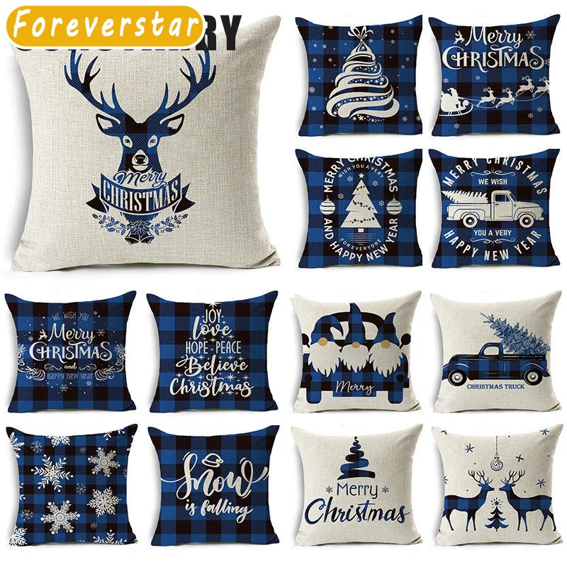 Christmas Pillowcase Blue Plaid Art Deco Linen Cushion Cover Sofa Home Christmas Decoration Gift Funda Cojín Cojines 45x45cm