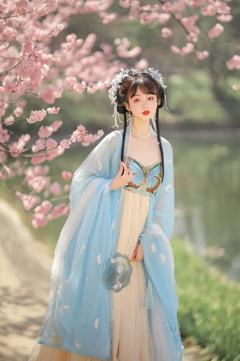 Женская летняя рубашка с длинным рукавом голубая юбка в стиле ханьфу весна-лето