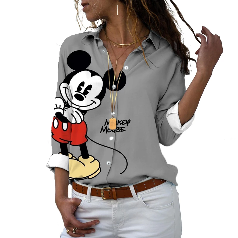 

Autumn New Tops Cartoon Slim Long Sleeve Disney Brand Mickey and Minnie Pattern Shirts Spring Chiffon Loose Tops