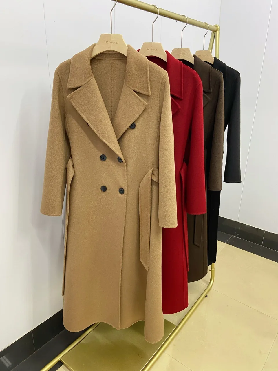 

Real Photo Autumn Women Drouble Wool Coats Turn Down Collar Slim Body Cashmere Long Coats With Belt Tops