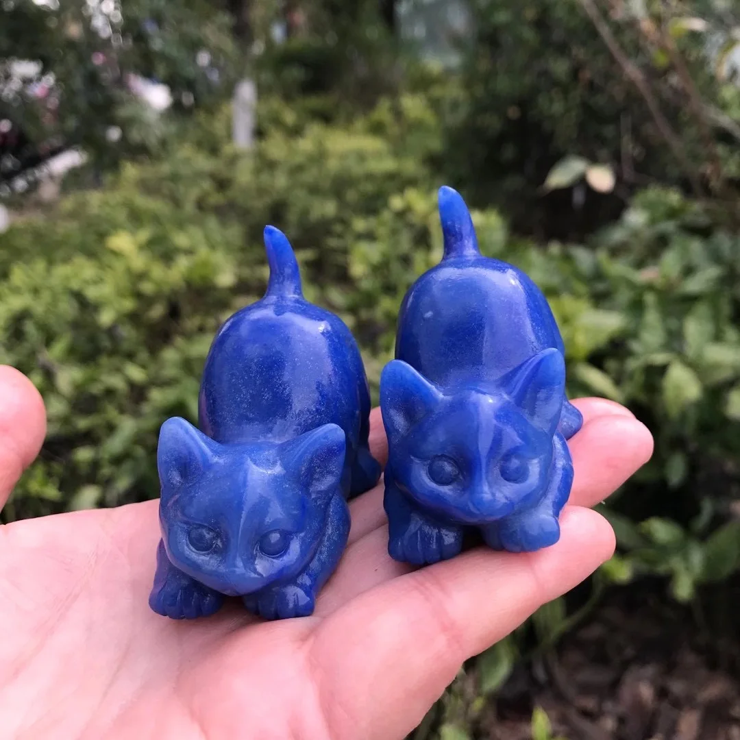 

6cm Natural Blue Aventurine Crystal Cat Hand Carved Animal Figurine Healing Lucky Gem Crafts For Home Ornament Gift 1pcs