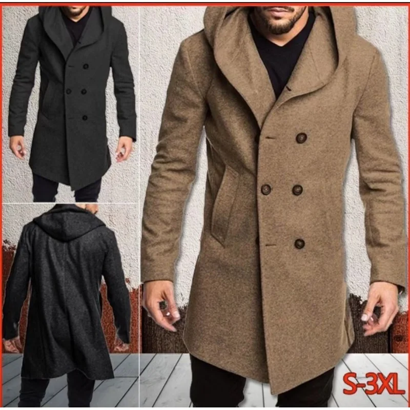 New Men's Coat 2023 Spring Autumn British Men Hooded Silk Floss Woolen Coat Fashion Casual Woolen Coat