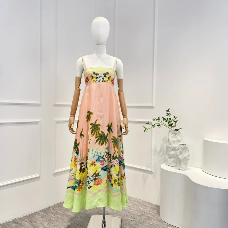 

New Arrivals Summer Top Quality 2023 Linen Beach Style Print Square Neck Folds A-LINE Women Camisole Mid-Calf Dress
