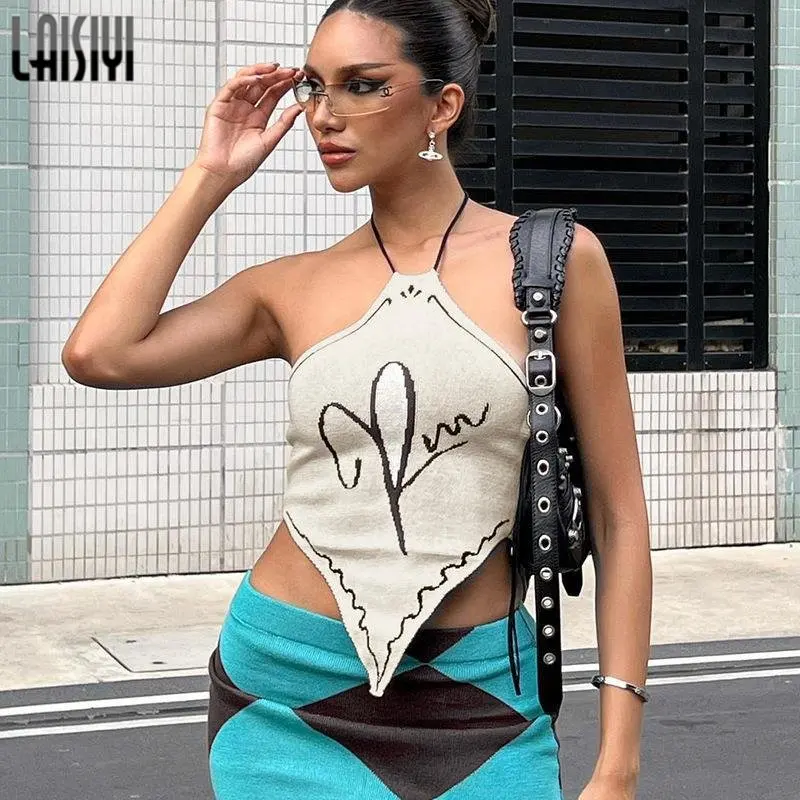 

Halter Top Off Shoulder Women Crop Tops Vintage Y2k Streetwear 2023 Summer Fashion Print Lace Up Open Back Top Knitted Camisoles