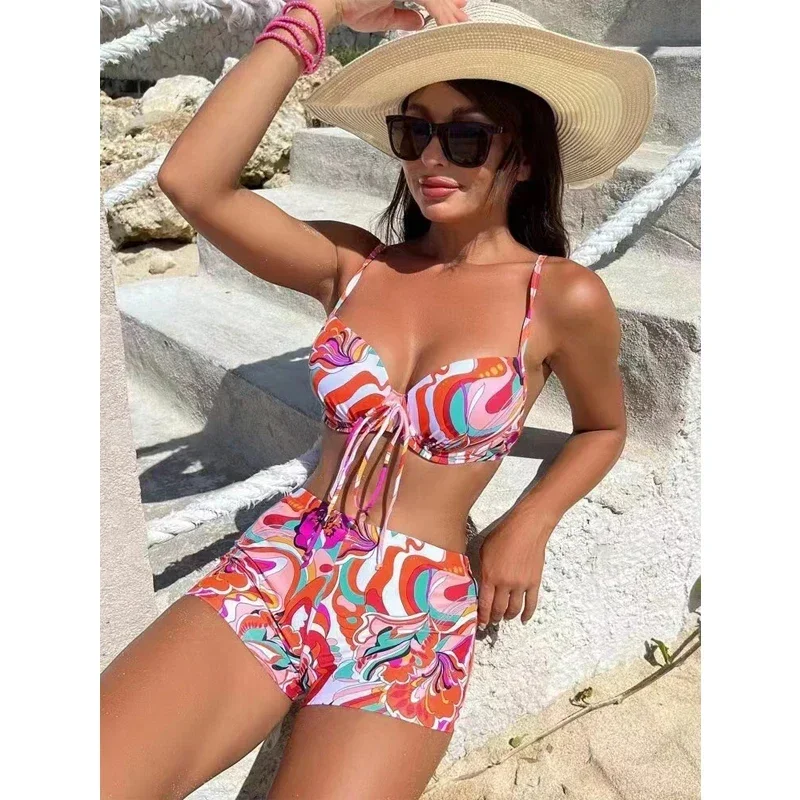 Купальник женский новинка 2024 танкини с высокой талией и принтом бикини из двух