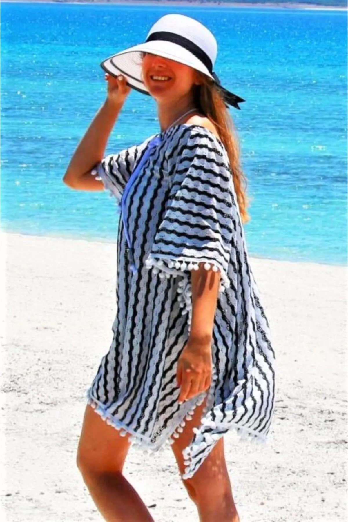 

Women's Pareo White Color Striped Pompom Swimwear Cover Dress Sexy Tunic Suit Beachwear Female Beach Bikini Cover