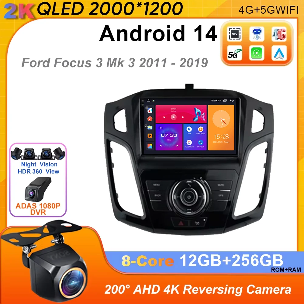 Автомобильный радиоприемник Android 14 для Ford Focus 3 Mk 2011 2012-2019 Мультимедийный