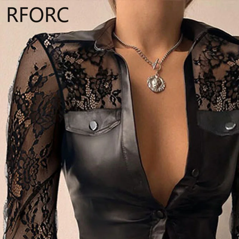 Женская блузка из искусственной кожи с отложным воротником