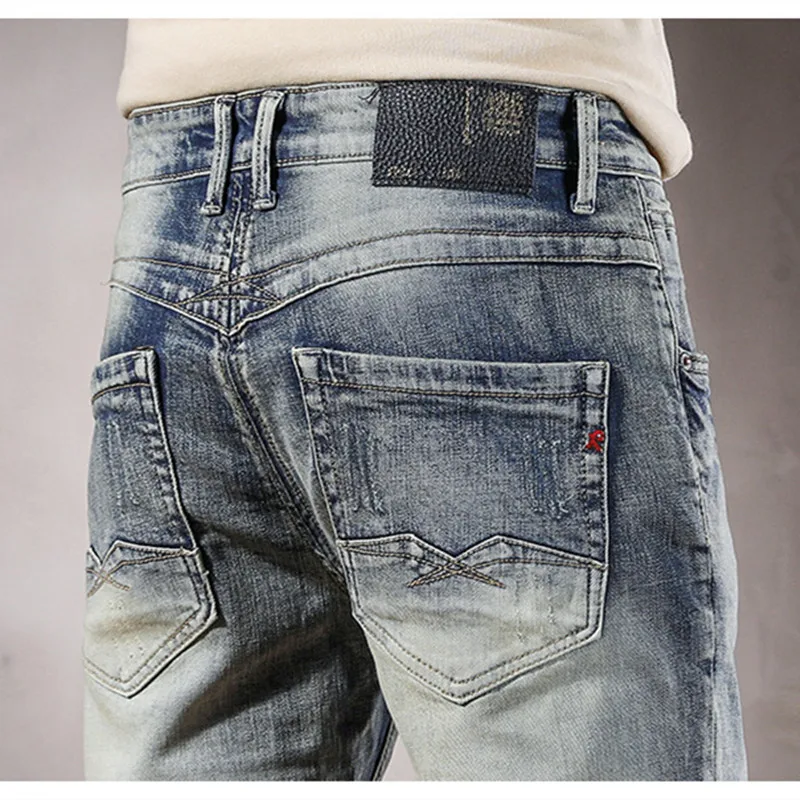Jeans for Men Vintage Ripped Jeans Personality Slim Pants Light Washed Fashion Classical Casual Denim Pants Homme Blue Jeans