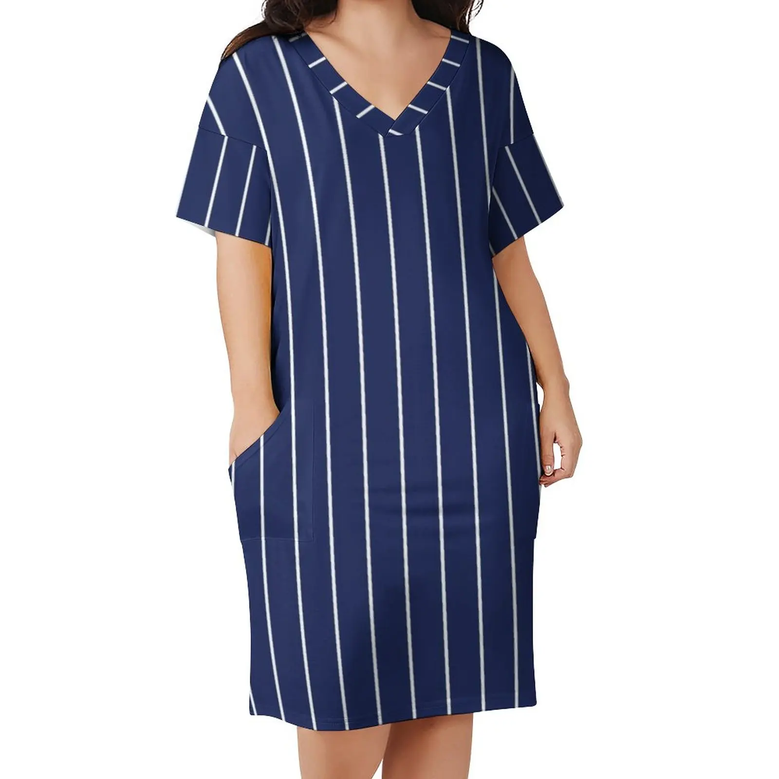 Classic Striped Dress V Neck Blue And White Lines Street Wear Dresses Summer Elegant Casual Dress Women Print Plus Size Vestido