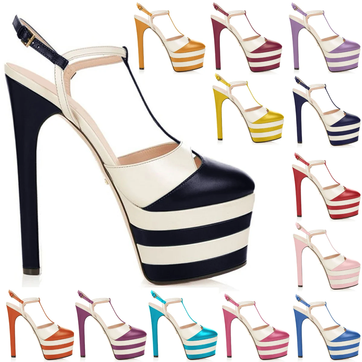 

Women Chunky High Heel T Strap Sandal Sexy Round Toe Evening Party Striped Trend Shoe Platform Popular Summer Lady Sandal D-SL-2