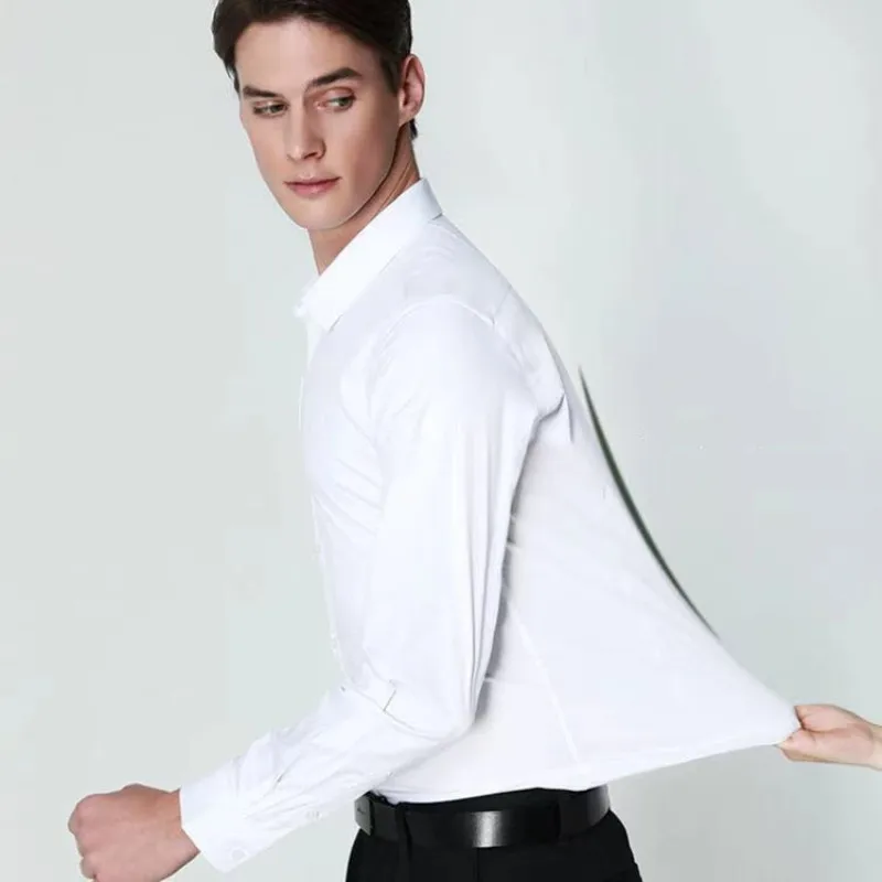 Stretch Anti-Wrinkle Men's Dress Shirt Long Sleeve Bamboo Fiber For Men Shirts Formal Social Camisas White Shirts without Pocket