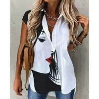 2022 women turn down collar figure print buttoned pocket design short sleeve shirt casual streetwear blouse short sleeve shirts
