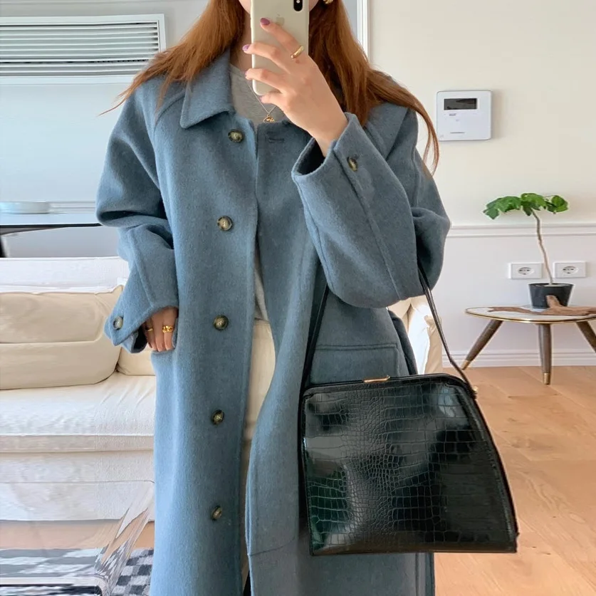 

Mist blue loose medium length woolen jacket