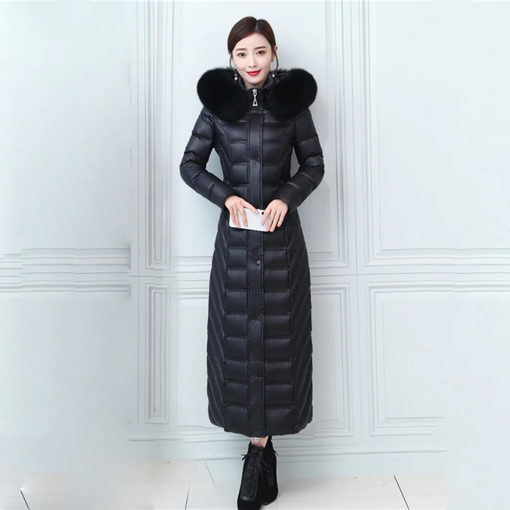 Women Lengthened Washfree Bright Face Down Jacket Winter Detachable Hooded Real Fox Fur Collar Thicken Warm Slim Long Down Coat