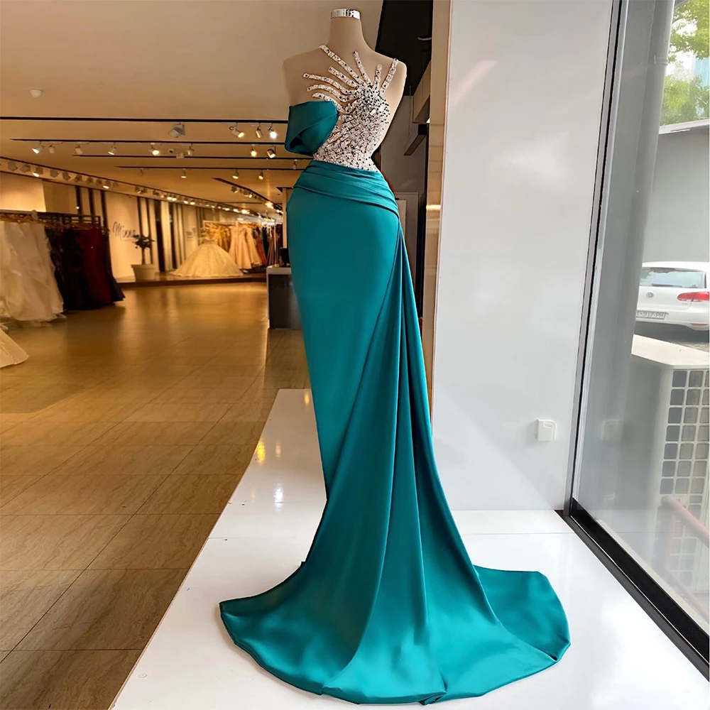 

Mermaid Evening Dress 2022 Sleeveless Beading Luxury Evening Gown For Wedding Trumpet Illusion O Neck Pleat Sexy Formal Dresses