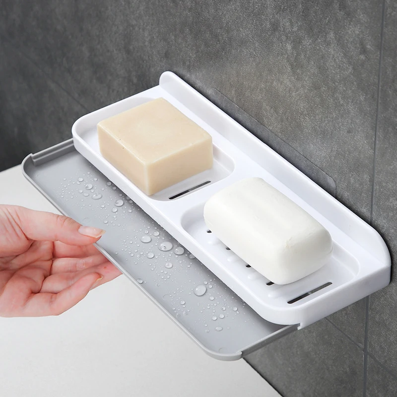 

Wall-Mounted Double Lattice Soap Dish Bathroom Punch Free Soap Holder with Drawer Type Drain Tray Kitchen Bathroom Accessories