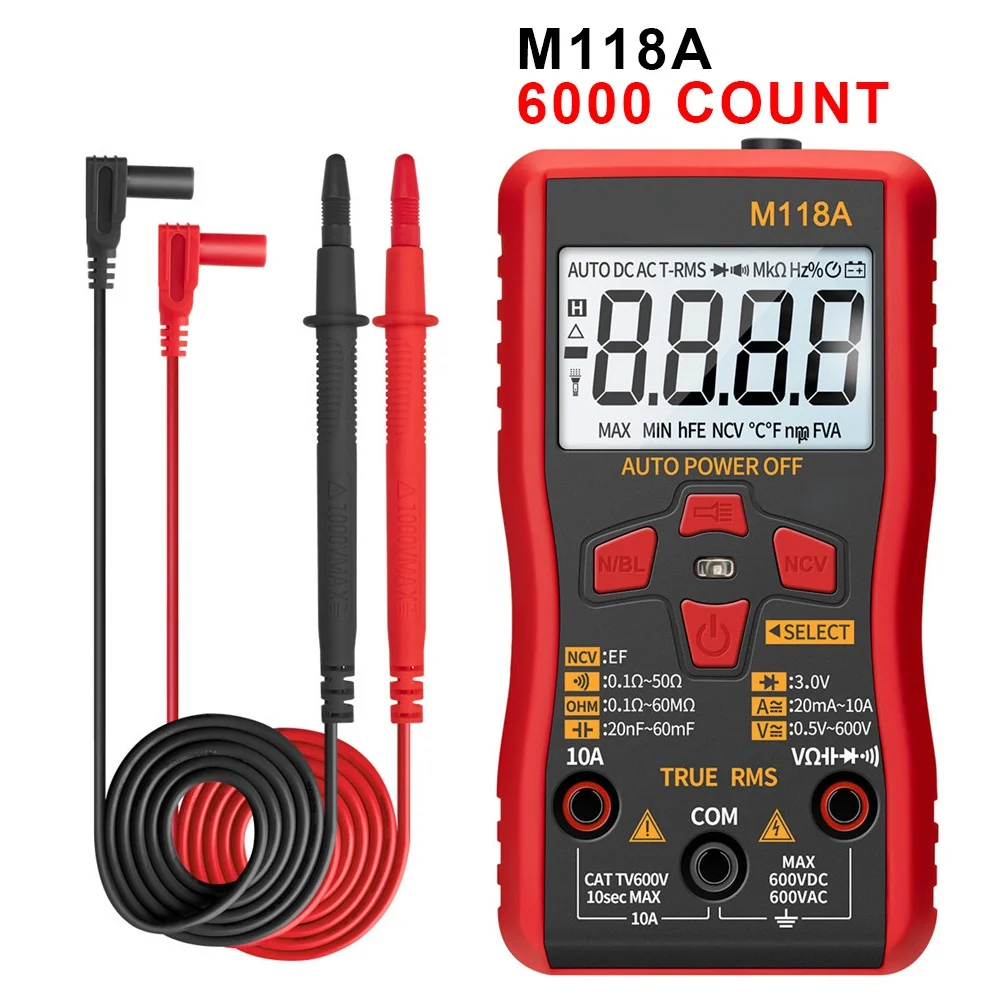 

ANENG M118A Digital Mini Multimeter Tester Auto Mmultimetro True Rms Tranistor Meter with NCV Data Hold 6000counts Flashlight