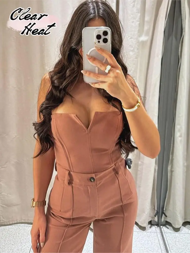 

Sexy Strapless Tank Top With Belt 2 Piece Sets Women Elegant High Waist Wide Leg Straight Pants Suits New Summer Casual Outfits