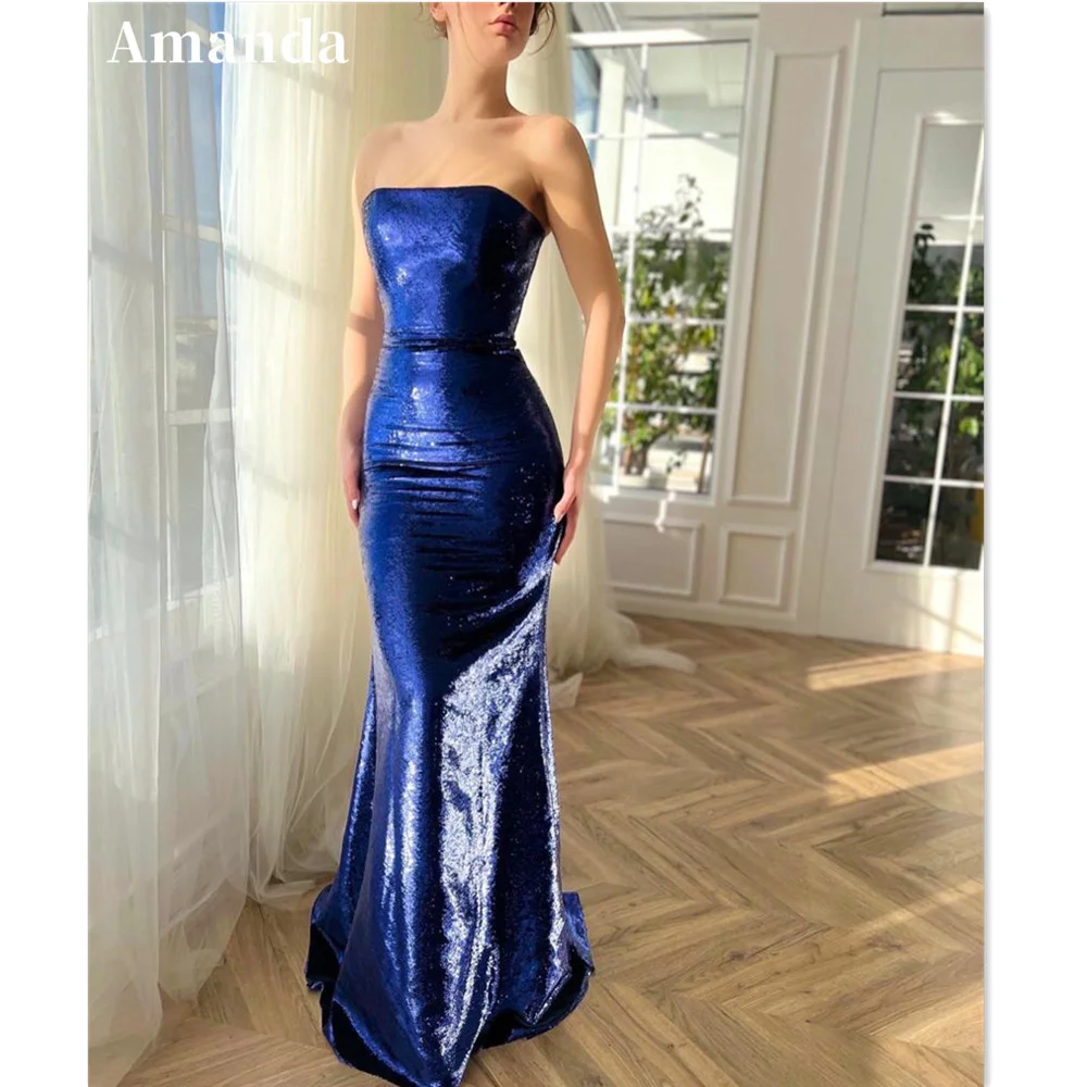 

Amanda Sapphire Blue Evening Dresses Sexy Strapless Prom Dress Glitter Mermaid Party Dress Shiny Sequins Robe De Soirée