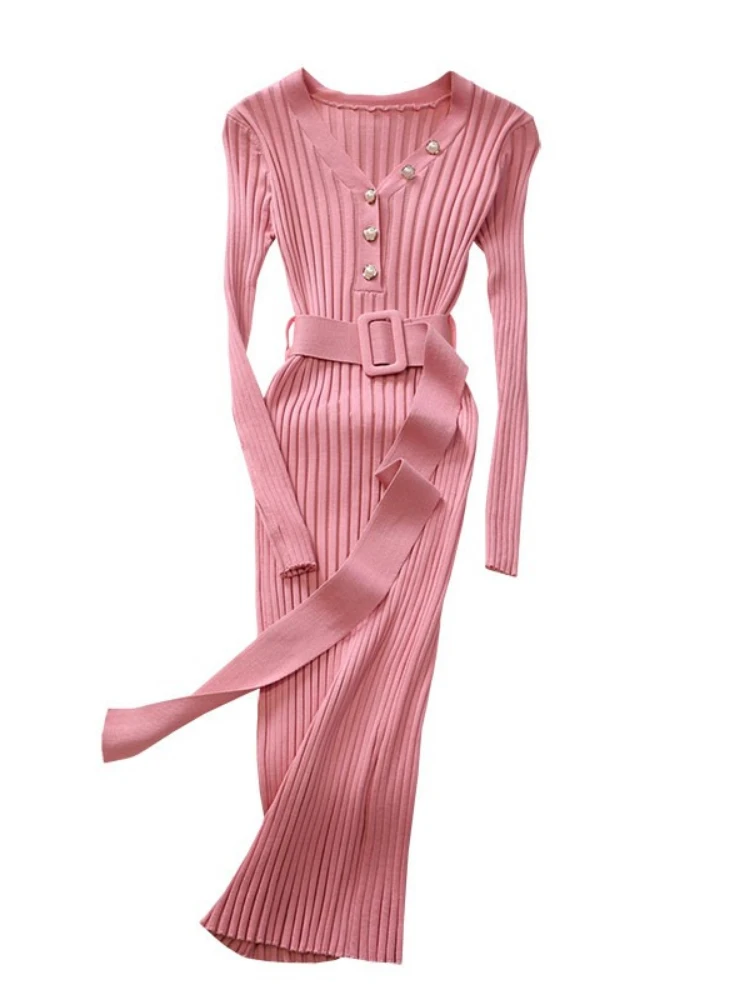 

Women Rib Knit Shesth Dress 2022 Autumn V Neck Belted Long Sleeved Bottoming Dress