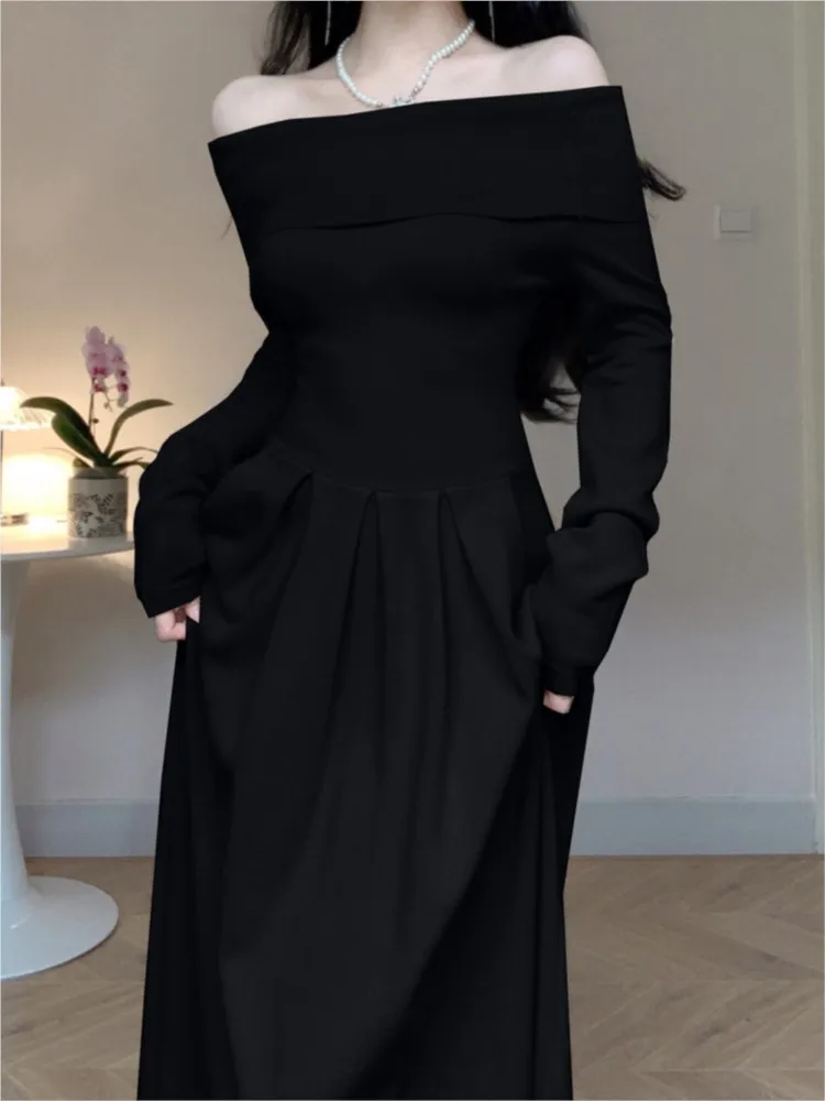 

Женское трикотажное платье с высокой талией, элегантное винтажное платье с воротником-лодочкой, в французском стиле, Осень-зима 2023