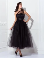 vintage cocktail party prom dress one shoulder sleeveless ankle length tulle with pleats pattern print robes de cocktail