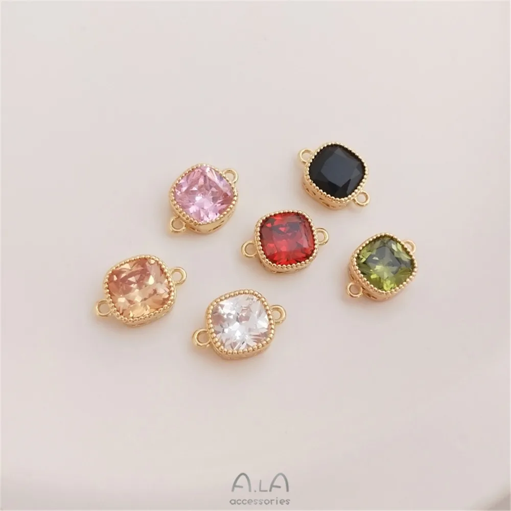 

Real 14K Gold Plating Inlaid colorful zirconium square double hanging accessories square pendant manual DIY bracelet necklace