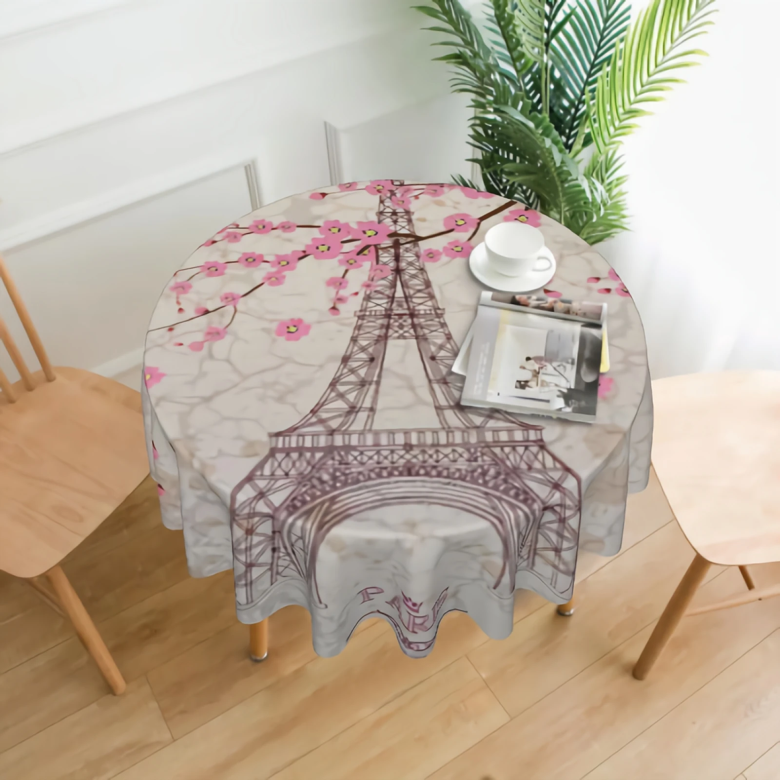 

Vintage Eiffel Tower With Flowers Round Tablecloth 60 inch Waterproof Table Cover for Home Kitchen Dining Room Decoration