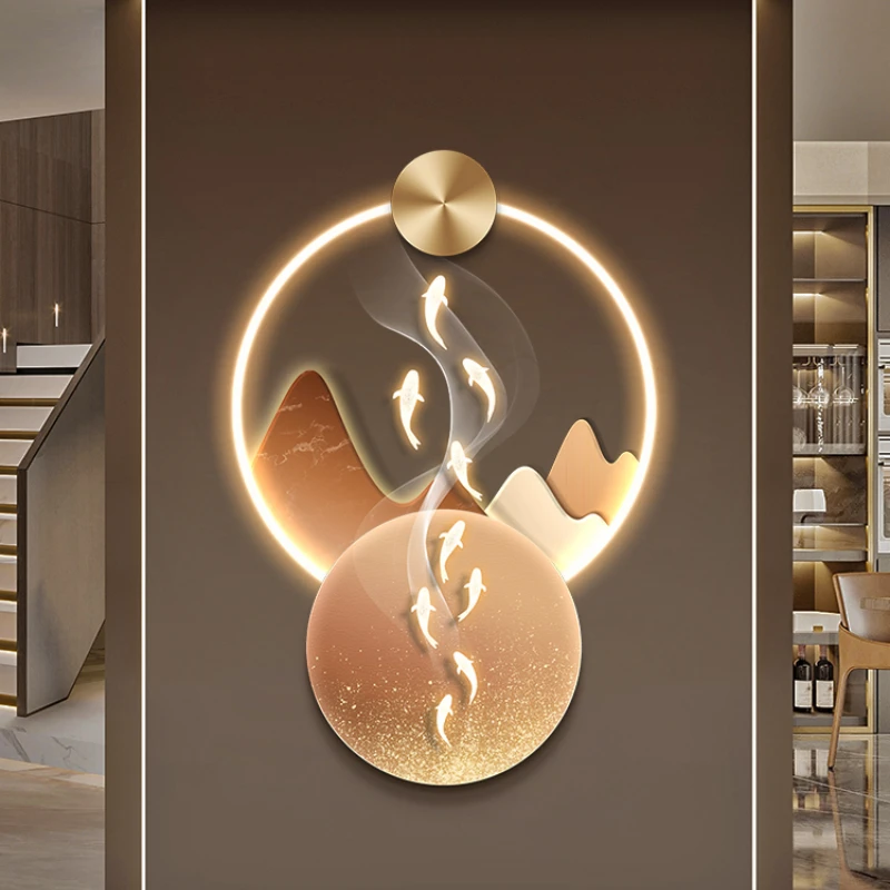 

Light Luxury Luminous Wall Decoration Modern Wrought Iron Fish Wall Crafts Corridor Porch LED Lamp Hanging Painting Home Decor