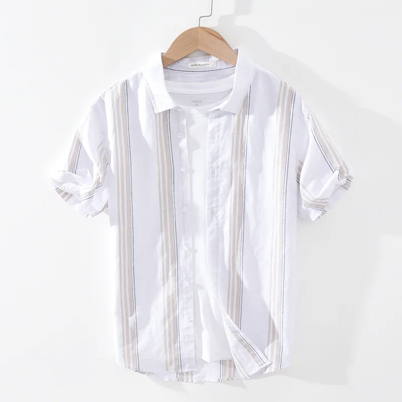 

2022 Men's Summer Stripes Short-Sleeved Shirt Loose and Simple Cotton and Linen Casual Thin Shirt