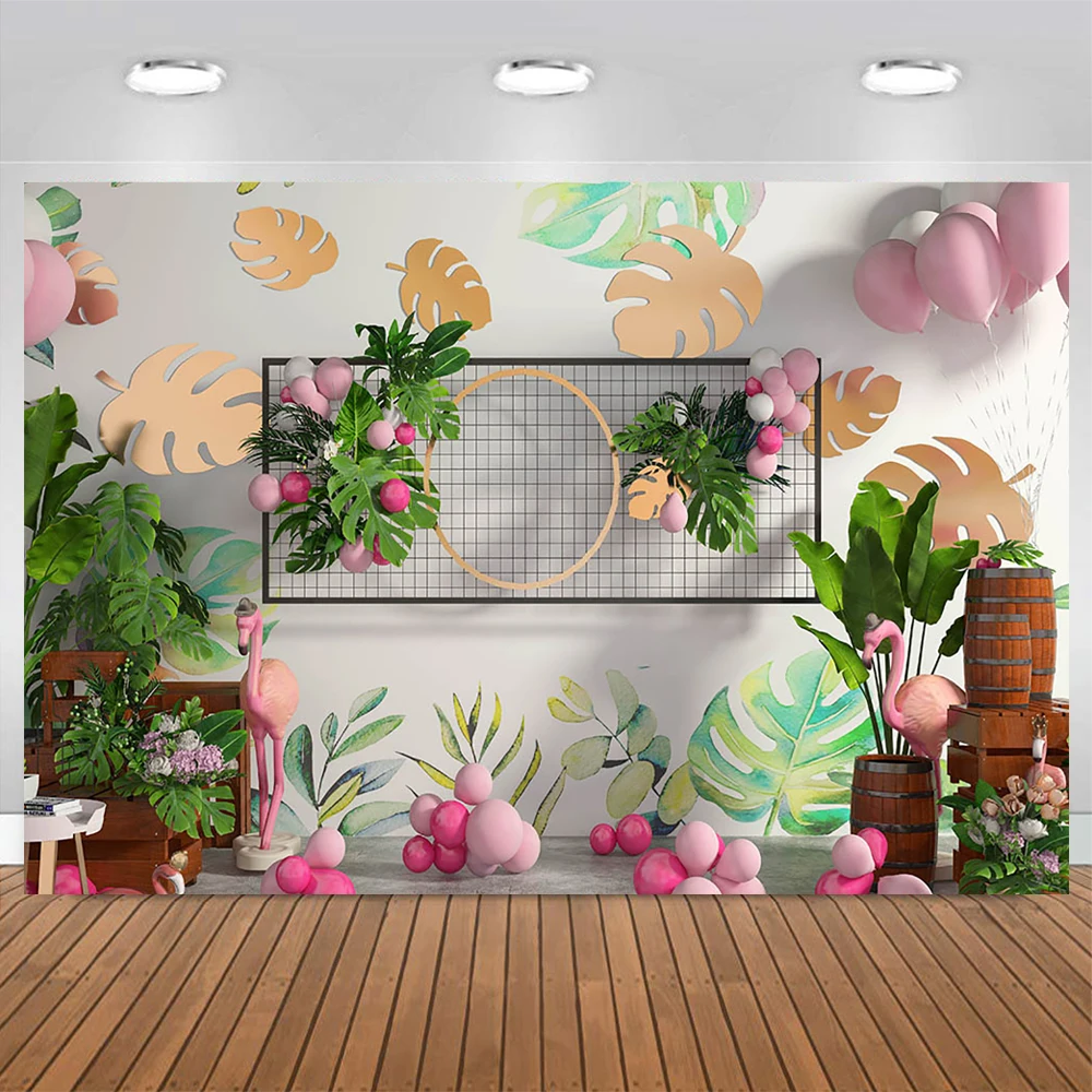 Pink Shop Balloons Backdrop Kids Baby Photography Portrait Props Tropical Flamingo Forest Leaves Butterfly Birthday Party Decors images - 6