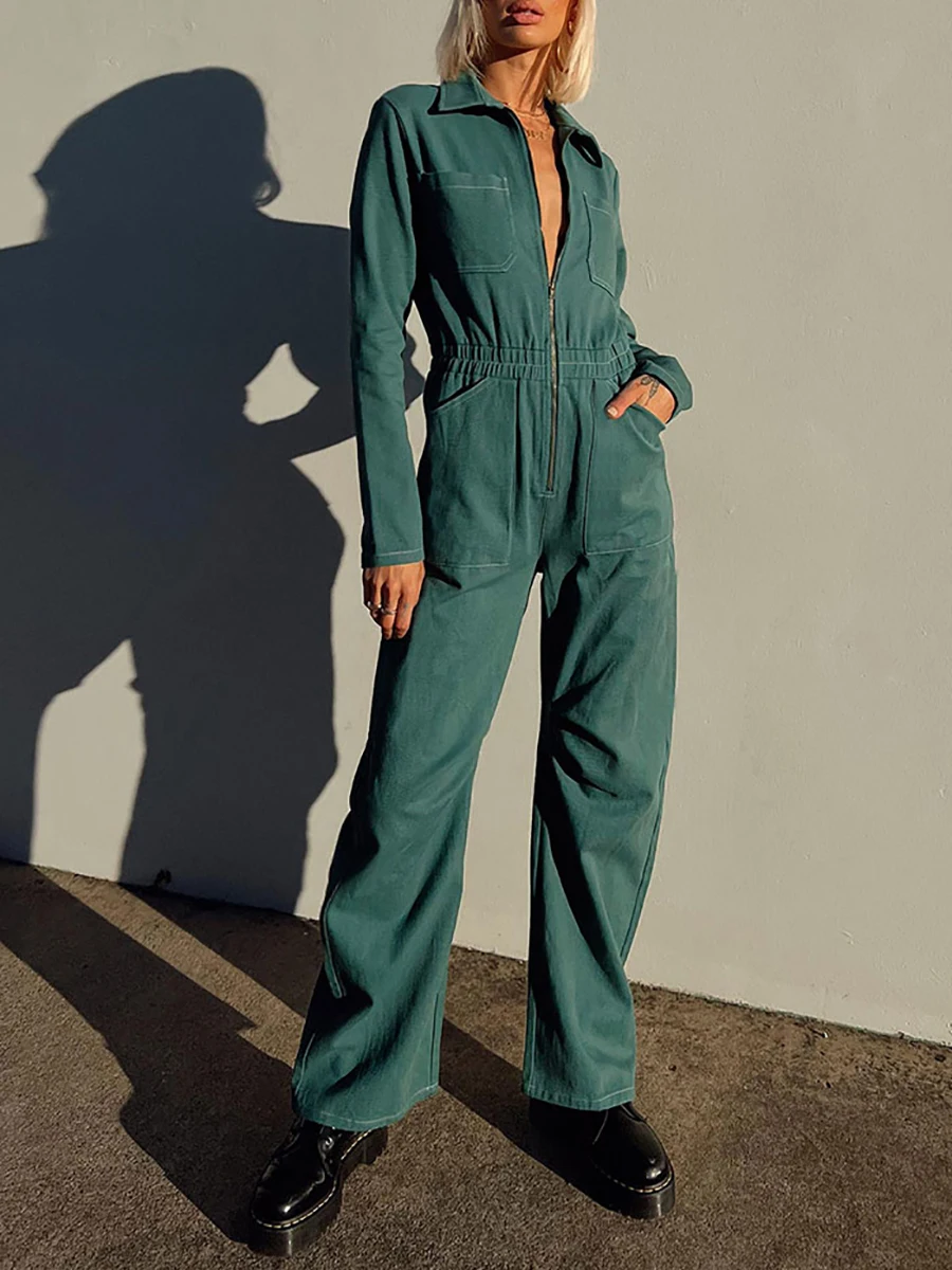 

ZAFUL Corduroy Patch Pocket Zip Front Jumpsuit Long Sleeve Overalls Fall Outfits Women