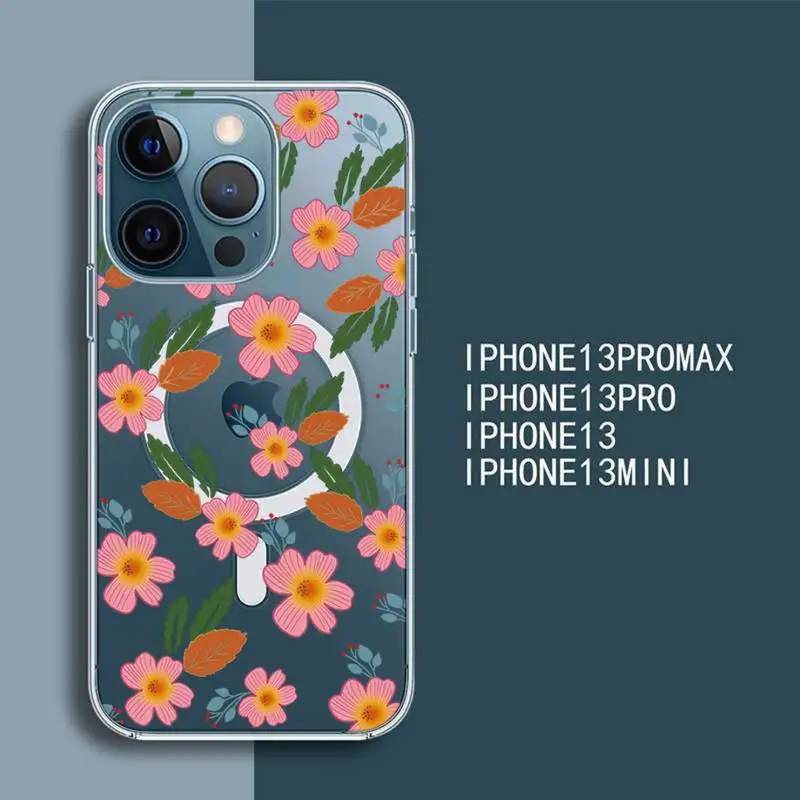

Floral Flower Grass Phone Case For iPhone 13 12 Mini Pro Max transparent Super Magnetic MagSafe Cover