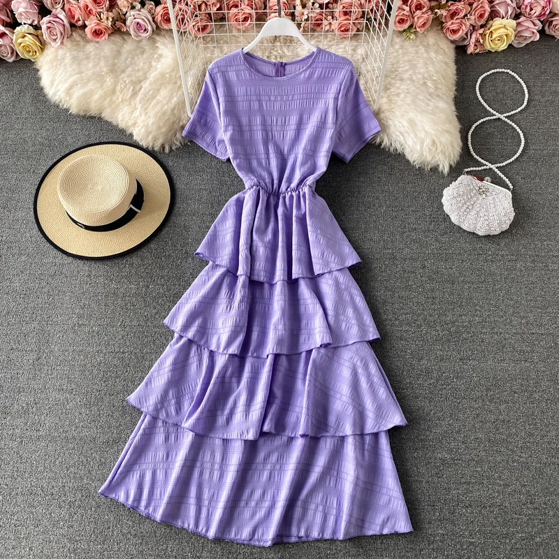 

Round Neck Chiffon Dress Short Sleeve Summer New Sweet Temperament Cake Dress Solid Color High Waist Long Dress