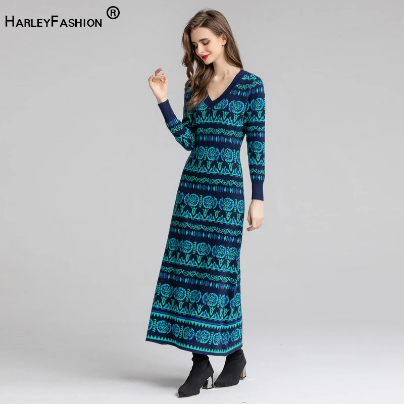 

S-XXL Women Knitted Maxi Dress Vintage Bohemian Pattern Embroidery V-neck Autumn Casual Dresses