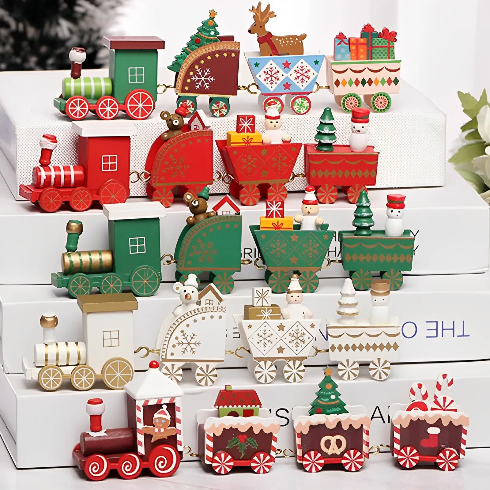 Merry Christmas Wooden Train Ornament Xmas New Year Party Decor Cute Painted Toy Train with Santa Claus Snowman Crafts Kids Gift