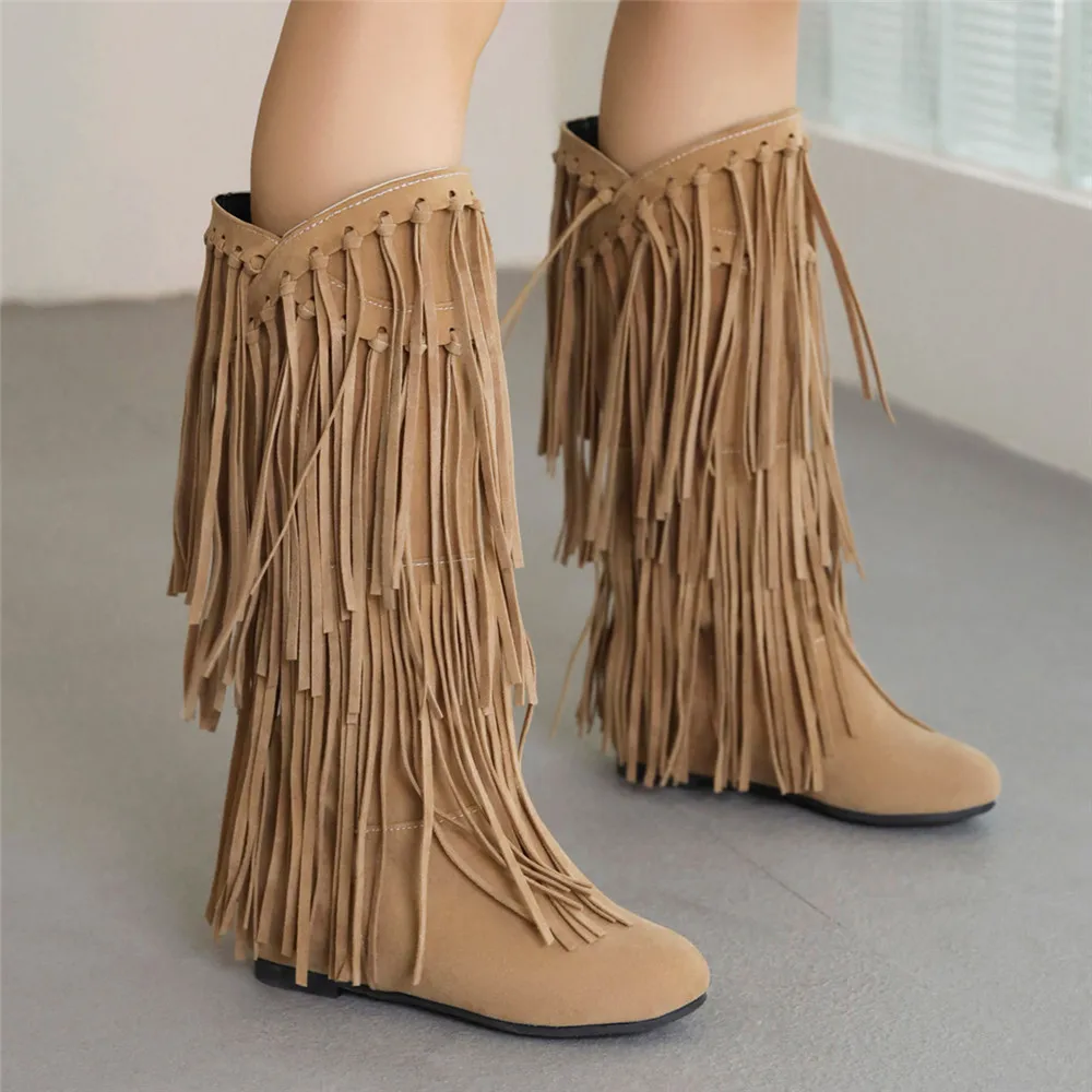2023 Fashion Ethnic Woman Bohemian Flock Tassle Hidden Moccasin Mid-Calf Boots Fringe Female Slip On Shoes Autumn Winter New