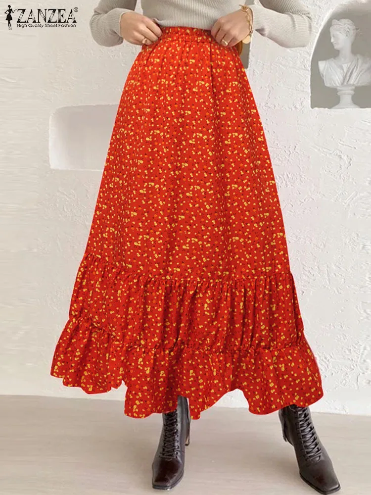 

Bohemian Floral Print Maxi Skirt ZANZEA Women Elastic High Waist Long Jupe Holiday Ruffled Hem Falda Summer Pleated Tiered Skirt