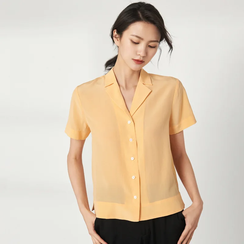 Birdsky, Summer 1PC Women short sleeve shirt shirts office lady blouses Top 100% mulberry silk solid colors. S-343